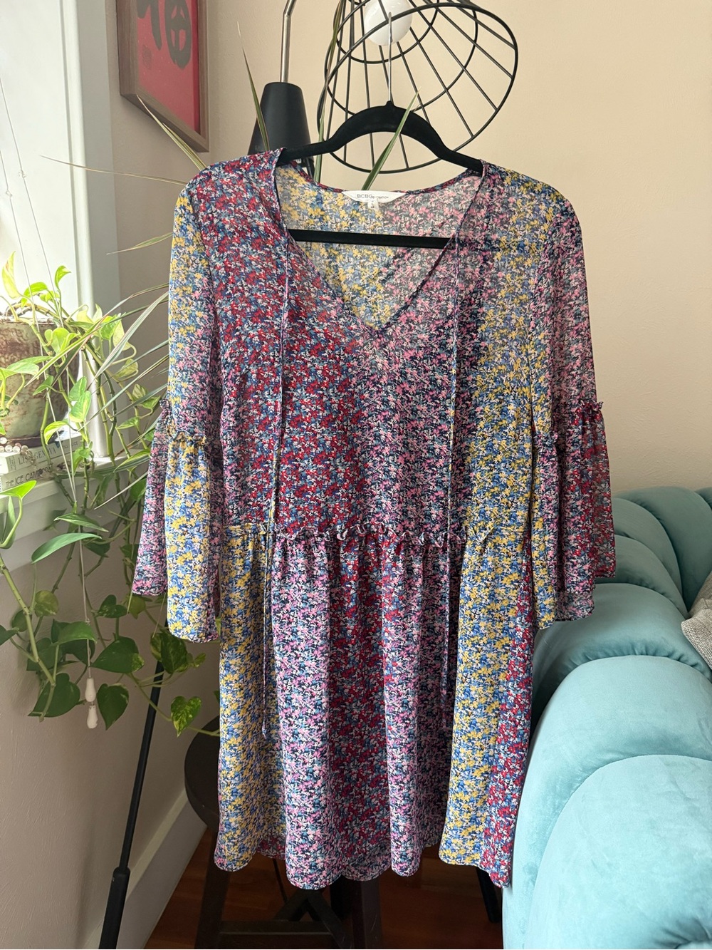 BCBG Floral V-Neck Babydoll Dress in Multi-Color